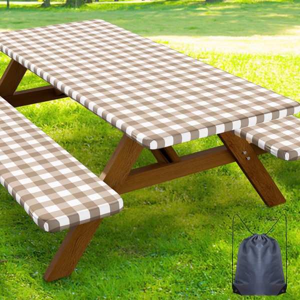 Smiry Picnic Table Cover with Bench Covers, Waterproof Elastic Fitted