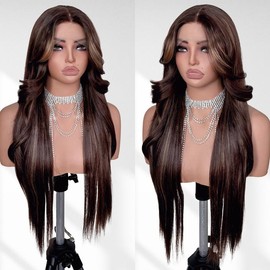 FABÉLLE 26Inch 13×4×1 Middle part Lace Front Wigs Mixed Wavy and Straight Glueless Synthetic Wigs Beginner Friendly for Women - color: Natural Black