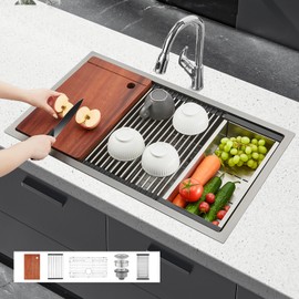 32 Inch Stainless Steel Drop In Kitchen Sink, Fohere Kitchen Utility Sink, Multifunctional Workstation Deep Single Bowl Set