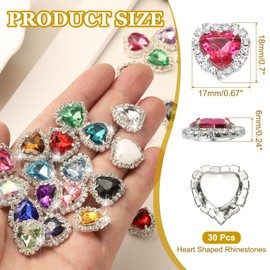 PATIKIL 30PCS Heart Rhinestones, Sew on Rhinestones Buttons Crystal Heart Nail Charm Embellishment Flatback Diamond for Sewing DIY Clothing Wedding, Dark Pink