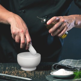 Relaxdays Marble Mortar with Pestle, Robust & Durable, Spices, Herbs, Polished Stone Mortar, Diameter 10 cm, V 120 ml, White, 6 x 10 x 10 cm