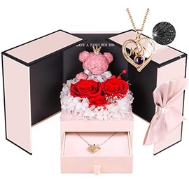 ADDWel Preserved Real Red Roses Birthday Gifts for Mom with I Love You 100 Languages Mom Necklace, Cute Moss Bear and Meaningful Forever Roses for Mother Birthday from Son Daughter