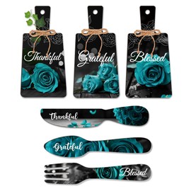 PH PandaHall 6pcs Rose Wooden Sign, Wall Decor Eat Thankful Grateful Blessed Wood Cutting Board Art Hanging Fork Spoon Dining Sign Farmhouse Tiered Tray for Home Kitchen Dining Living Room Bar Cafe