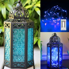 Vela Lanterns 12" Black Metal Moroccan Decorative LED Fairy Lights Candle Lantern Holders for Hanging or Table, Indoor Home Decor, Outdoor Patio or Porch, Weddings, Blue Glass, Large