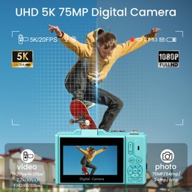 Digital Camera, LAMA 5K 75MP Autofocus Vlogging Camera with 64G SD Card, Compact Camera with 3.0 Inch 180° Flip Screen, 18X Digital Zoom Cameras for Kids, Teenagers, Beginners, Adults Blue