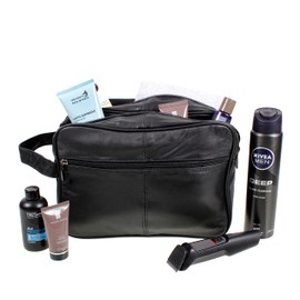 Jumbo - Toilet Bag Extra Large, Genuine Real Leather Mens WASH Bag/Overnight Bag (Black)