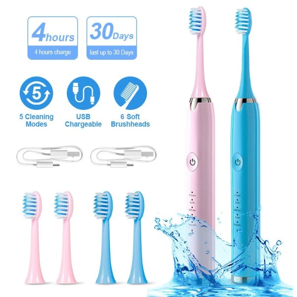 TONGWODE 2-Pack Electric Toothbrush Sonic Toothbrush USB Rechargeable 6 Heads