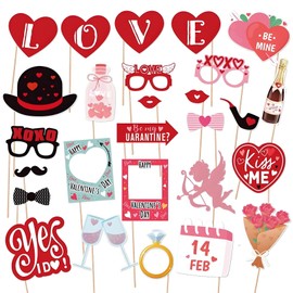 Valentine's Day Photo Booth Props Kit, 27 Pcs Red Pink Celebrate Valentine's Day Photo Props Glasses Kiss Wine Flower Diamond Ring for Photoshoot Valentine's Day Fun Props Wedding Party Decorations