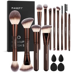 MAGEFY Brochas para Maquillaje Profesional, 17 PCS Brochas de Maquillaje de Doble Punta Kit de Aluminio con 4 Esponjas y Caja de Regalo (Marrón)