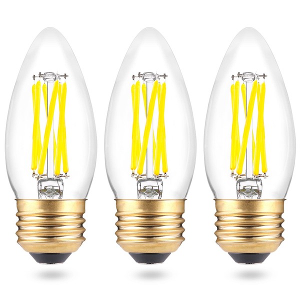 B11 E26 Candelabra LED Bulbs 60 Watt Equivalent, Dimmable LED Chandelier Light Bulbs, 6W Daylight White 5000K, 600LM, Decorative Candle Base Filament Bulb for Ceiling Fan, 3-Pcs
