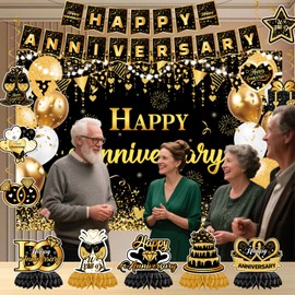 Happy Anniversary Decorations - Black Gold Wedding Party Decorations Kit, Happy Anniversary Banner, Backdrop, Hanging Swirls for Work Decorations (Black Gold)