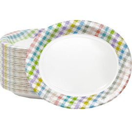 VEIZEDD Oval Gingham Paper Plates 10" x 12" Large Heavy Duty Disposable Plates Easter Dinner Plates For Baby Shower Birthday Easter Party Supplies