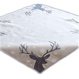 Table Cloth 85 x 85 cm, Light Grey / White / Ice Blue Embroidery ‘Deer’ Christmas, Christmas Tablecloth Centre Table Decoration