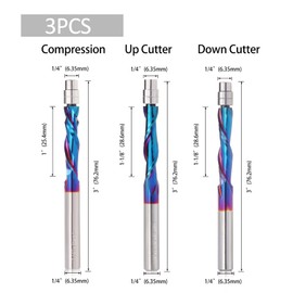 3PCS Spiral Flush Trim Router Bit Set ,1/4 Inch Shank , with Nano Coated ,for Wood Trimming,Set of 1pcs Up Down Compression Router Bit+ 1pcs Downcut Bits+1pcs Up Cut Bits