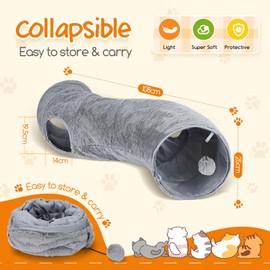 Nobleza S-Shaped Cat Tunnel, Foldable Cat Tunnel Made of Short Plush, Interactive Viewing Hole, Cat Play Tunnel with Cat Toy Ball, L108 cm, Grey