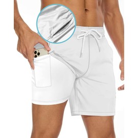 TENGINE Men's Swim Trunk 5" with Compression Liner 5 Inch Quick Dry Board Shorts Zipper Pocket White