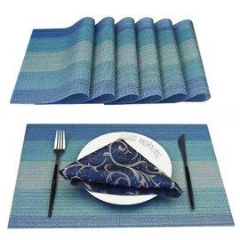WANGCHAO Placemats Set of 8 Placemats Dining Room Table Mats Woven Vinyl Washable Durable Heat-Resistant Non-Skip Kitchen Strip PVC Placemats(Sky Blue)