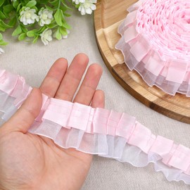 Pink Lace Ribbon, 2-Layer Ruffle Ribbon Double-Layer Pleated Chiffon Lace Trim Satin Organza Pleated Edging Trimmings for Home, DIY, Sewing, Crafts, Costume(4.5cmx5.5yard)