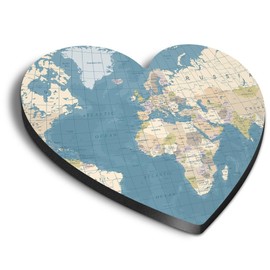 1x Heart MDF Magnet 6cm - Vintage World Map Blue - Fridge Locker Office Whiteboard Toolbox #52386
