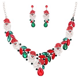 Enrwin 2 Pcs Christmas Austrian Crystal Bib Santa Claus Necklace Dangle Earring Costume Jewelry Set for Christmas Thanksgiving Gifts for Women(Style2-Platinum Plated, Alloy)