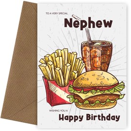 Nephew Birthday Card for Child or Adult - Takeaway Burger Fries Drink Meal Deal - Say Happy Bday on 10th 11th 12th 13th 16th Birthday Card- Any Age