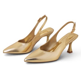 Elisabet Tang Women's Kitten Heel Slingback Low Pumps 3 Inches Stiletto Pointed Closed Toe Elegant Dressy Bridal Wedding Party Shoes Gold 9