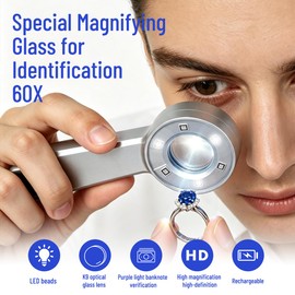 Handheld 60X Magnifier Loupe with UV & LED Lights, 30mm Lens, Rechargeable