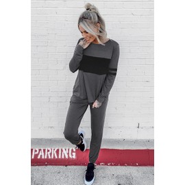 PRETTYGARDEN Women's Color Block 2 Piece 2025 Spring Tracksuit Crewneck Long Sleeve Tops Long Sweatpants Outfits Lounge Sets(Dark Grey,X-Large)