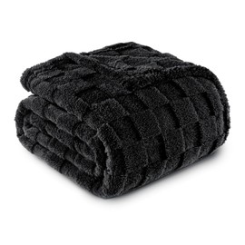 Exclusivo Mezcla Fleece Throw Blanket for Couch, Super Soft 3D Checkered Jacquard Bed Blanket, Cozy Fluffy Lightweight Blanket for All Seasons, 127x152 CM, Black Blanket