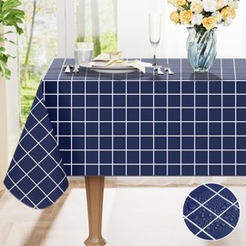 Spotjoy Rectangle Table Cloth, Waterproof Vinyl Tablecloths with Flannel Backing, Wipeable Plastic Plaid Table Cover for Dining, Indoor and Outdoor (52"x70", Navy)