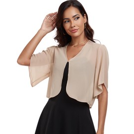 SURVODJA Womens Chiffon Cropped Cardigans Lightweight Sweaters Short Sleeve Bolero Shrugs for Dress(Champagne,L)