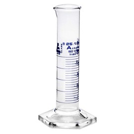 Graduated Cylinder, 25mL - Class A, Tolerance: ±1.00mL - Squat Form, Blue Graduations - Borosilicate Glass - Eisco Labs