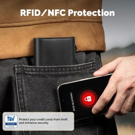 YESIIW Wallets for Men UK, Slim Mens Wallets RFID Blocking, Minimalist Pop Up Credit Card Holder for 7 Cards, Forge Smart Trifold Wallet Metal Card Case with Coin Pocket & 1 ID Window, Black