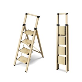 4 Step Ladder, Lightweight Folding Step Stool with Anti-Slip Aluminum Wide Pedal& Convenient Handgrip, 330lbs Capacity Steel Ladder for Household and Office (Gold)