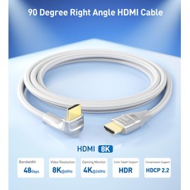 Cable Matters 48Gbps Ultra HD 8K Right Angle HDMI Cable 6.6 ft (90 Degree HDMI Cable) with 8K@60Hz, 4K@240Hz and HDR Support in Gray