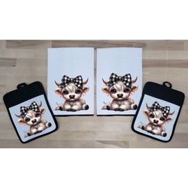 Liberty Flags & Gifts 4 Piece Set 2- Waffle Weave Towels 2- Pot Holder Highland Girl Cow dzoo2-bk4pc