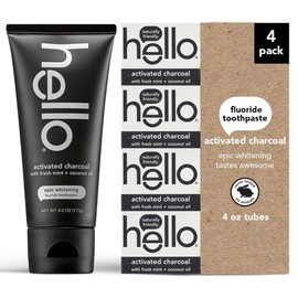 Hello Activated Charcoal Epic Teeth Whitening Fluoride Toothpaste, Fresh Mint and Coconut Oil, Vegan, SLS Free, Gluten and Peroxide Free, 4 Ounce (Pack of 4)