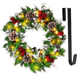 Milukon Christmas Wreath for Front Door, 18inch Pre-lit Xmas Wreath with Hanger, Christmas Garland with 50 LED Lights Winter Home Adornment for Door Window Wall Stairs Decor