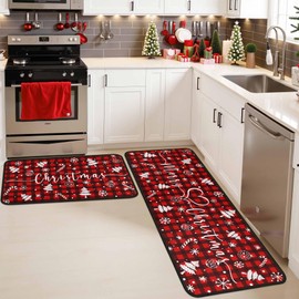 Red Buffalo Plaid Snowflake Christmas Kitchen Rugs and Mats Set of 2, Winter Home Decor Low-Profile Floor Mat Decorations for Home Kitchen 17"x47"+17"x30"