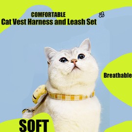 Cat Harness & Leash Set, Cats Escape Proof - Adjustable Kitten Harness for Large Small Cats, Cute Bee Plaid Lightweight Soft Petsafe Harness (Yellow Plaid Bee, M (for 7.0-16.5lb))