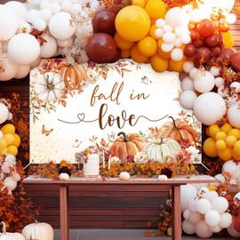 Mocsicka Fall in Love Backdrop Banner 6x3.6ft Boho Autumn Leaves Pumpkin Fall in Love Bridal Shower Party Decorations Photo Booth Props (6x3.6ft)