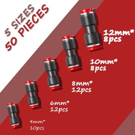 Pronese 50 Pcs Quick Release Plastic Pneumatic Air Line Fittings, 4/6/8/10/12mm Straight Push Connectors for 5/32 1/4 5/16 3/8 1/2 Tube,2-Way Push to Connect Fittings Kit