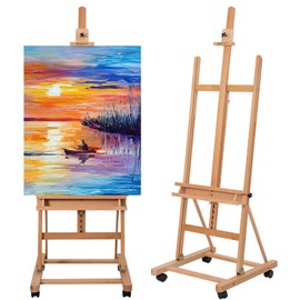 Somime H-Frame Studio Easel, Beechwood Artist Easel with Wheels and Storage Tray, Adjustable Floor Easel Stand Holding Canvas up to 51Inches for Painting, Natural