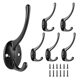 TOPBELIEF Pack of 6 Double Prong Wall Hooks, Metal Coat Hooks, Gooseneck Hooks, Coat Hooks, Black with 12 Screws, Screws Hooks for Bedroom, Bathroom, Wardrobe, Living Room