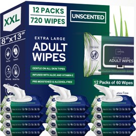 Adult Wipes For Elderly - 8"x13" Extra Large & Soft Wet Wipes for Adults Bathing No-Rinse - Incontinence Disposable Washcloths, Vitamin E & Aloe Infused for Men & Women 720ct (12 Packs of 60)