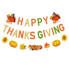 Glitter Happy Thanksgiving Decorations Banner Give Thanks Banner Decorations Fall Banner Thanksgiving Turkey Pumpkin Maple Leaves Banner for Thanksgiving Decorations Fall Give Thanks Party Outdoor Indoor Décor 3 Pieces