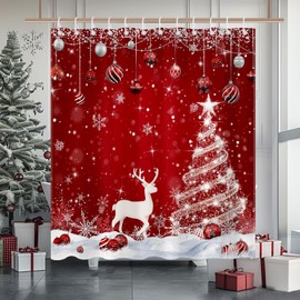 Mocsicka Red Christmas Shower Curtain Glitter Xmas Pine Tree Snowflakes Deer Bathroom Shower Curtain Winter Christmas Waterproof Bathtub Curtain Decor with 12 Hooks 72 X 72 Inches (Red)
