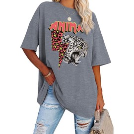 Aoang Women's Preppy Shirts Leopard Summer Tops Vintage Short Sleeve Loose Casual Long T Shirts for Leggings