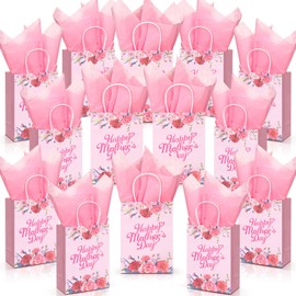 Nuenen 12 Pcs Mother's Day Gift Bags with Handles Pink Carnation Mother's Day Gift Wrap Bags with Tissue Paper for Party Decorations Mom Grandma Sister Wife(8.27 x 5.91 x 3.15 Inch)