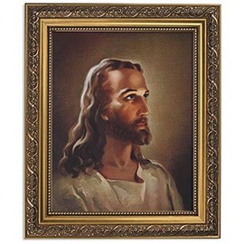 Gerffert Collection Sallman Head of Christ Catholic Framed Portrait Print, 13 Inch (Ornate Gold Tone Finish Frame)